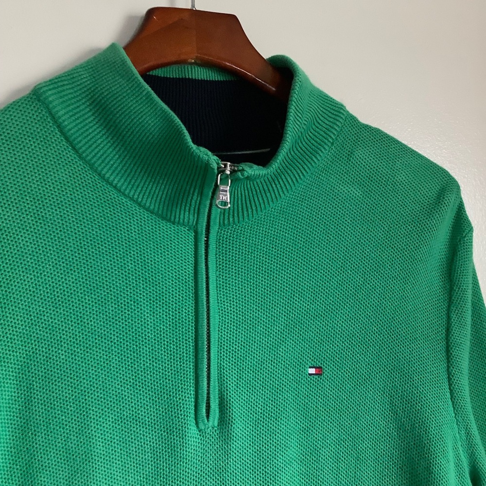 Tommy Hilfiger Mens Green Cotton Quarter Zip‎ Mock Neck Sweater Large 673681